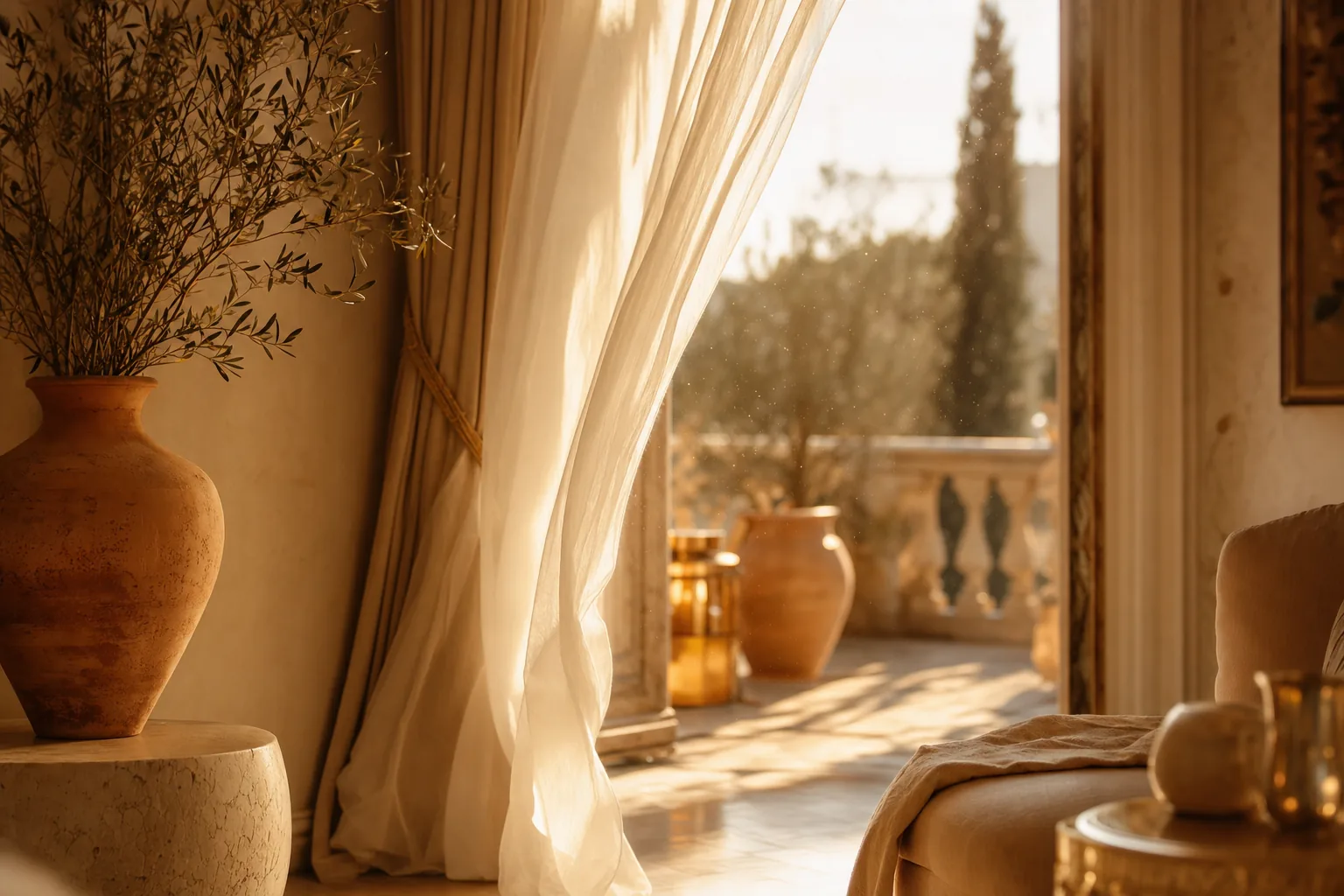 Warm golden hour light through sheer curtains